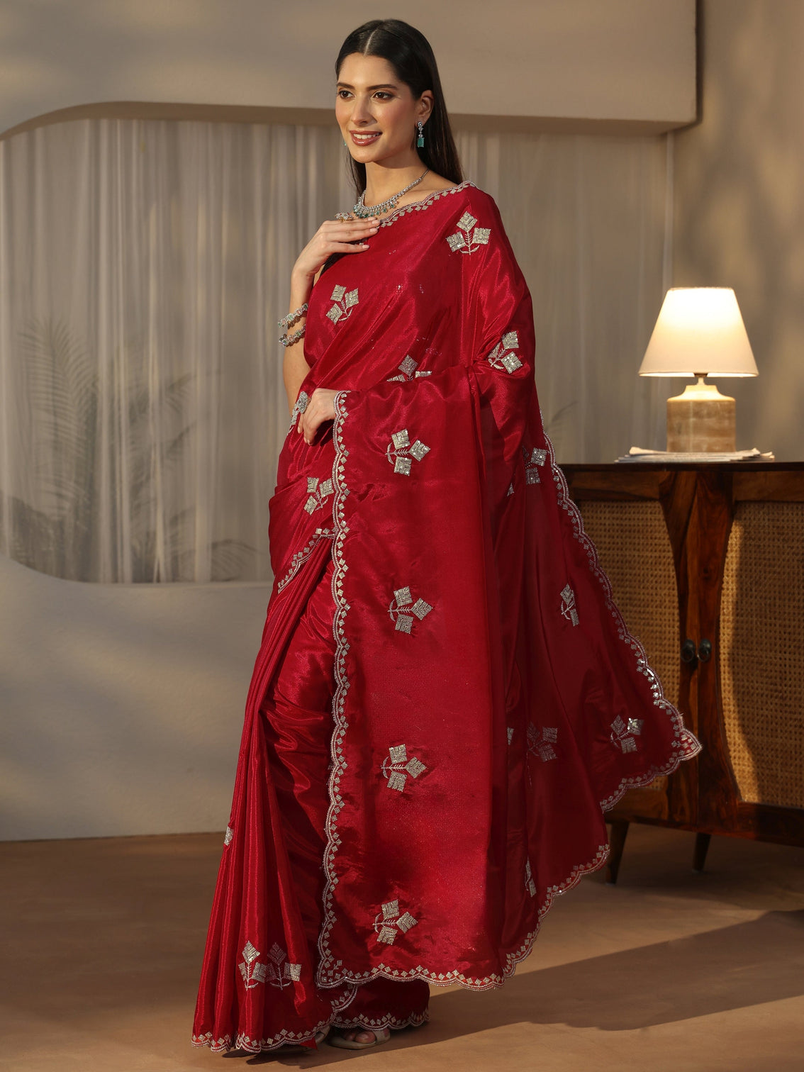 Mameraa Crimson Red Floral Embellished Satin Saree