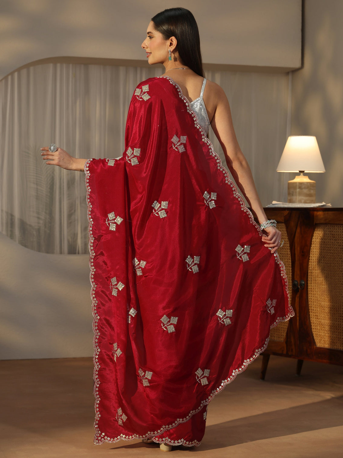 Mameraa Crimson Red Floral Embellished Satin Saree