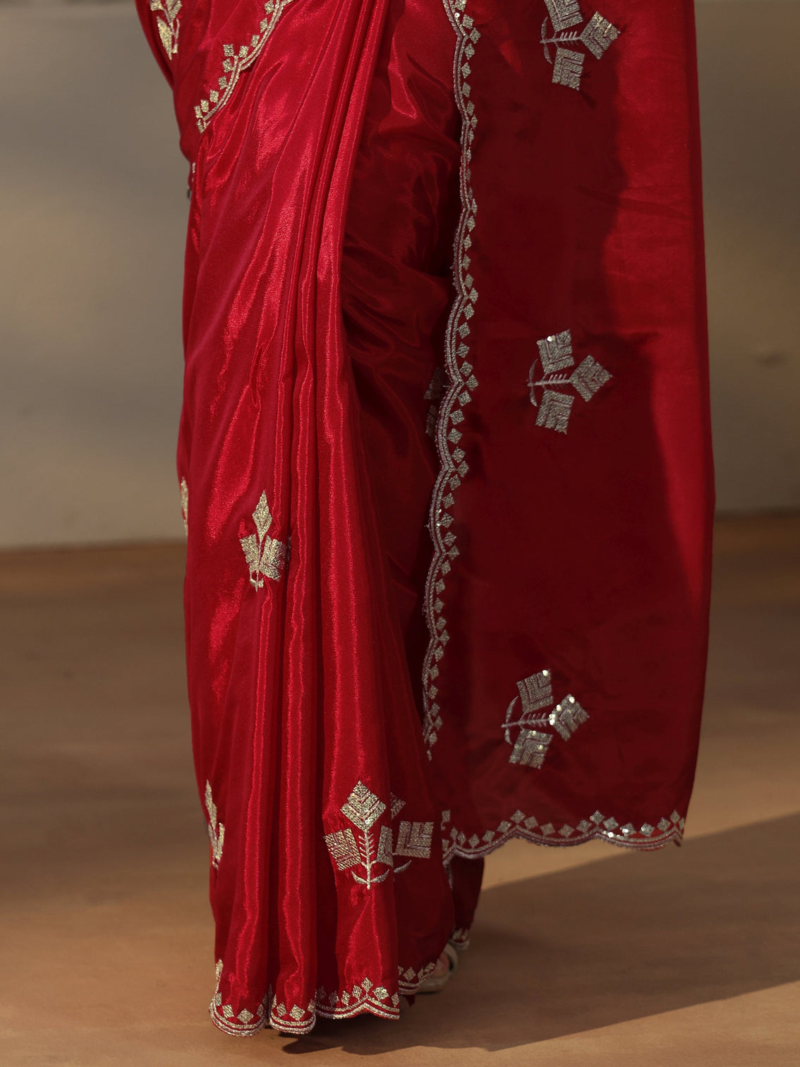 Mameraa Crimson Red Floral Embellished Satin Saree