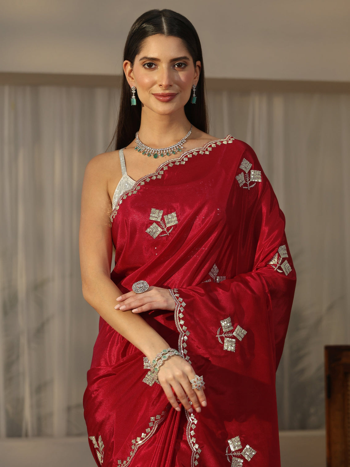 Mameraa Crimson Red Floral Embellished Satin Saree