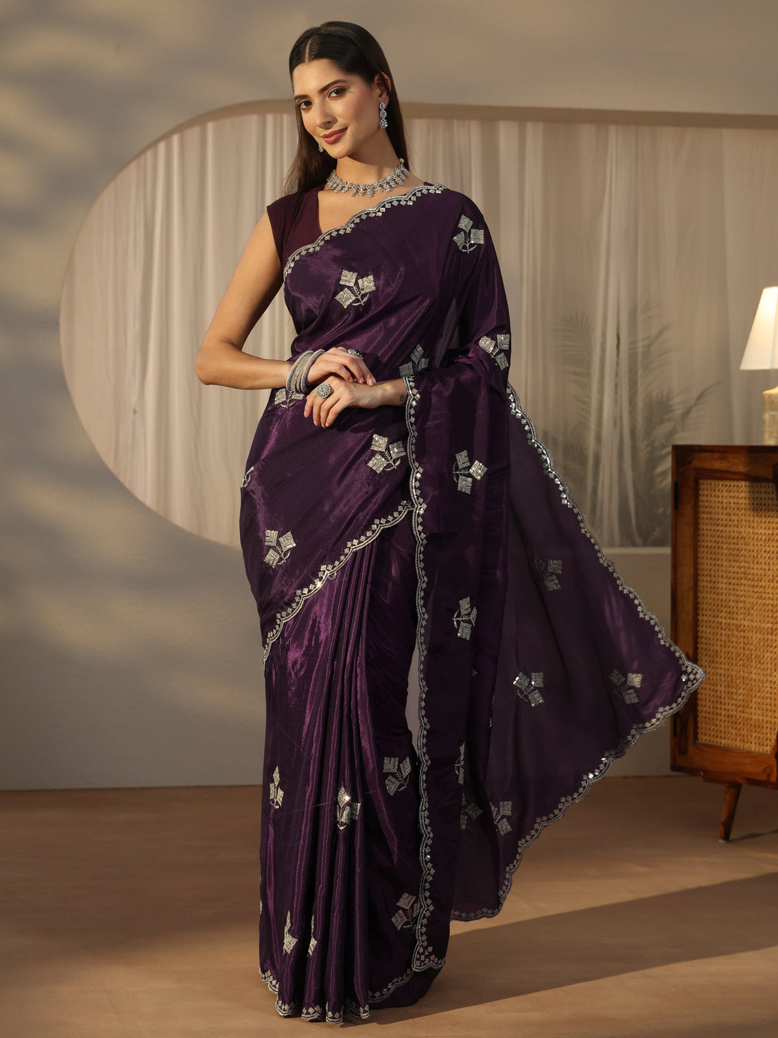 Mameraa Aubergine Purple Floral Embellished Satin Saree