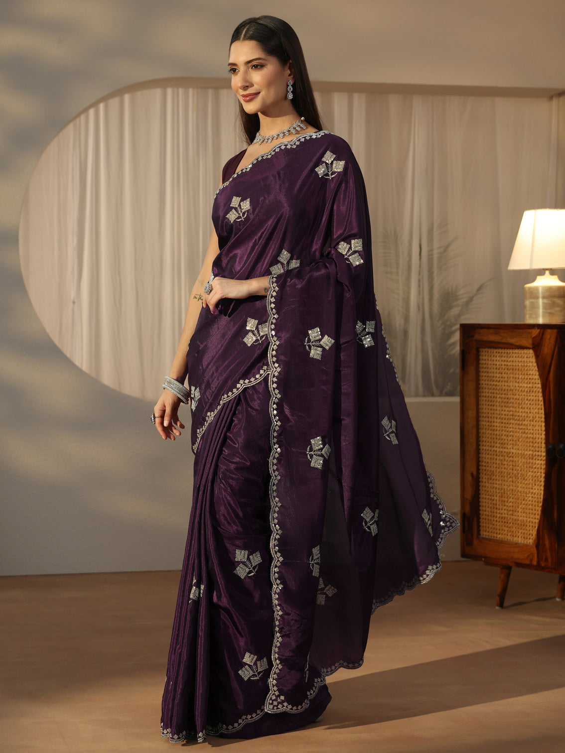 Mameraa Aubergine Purple Floral Embellished Satin Saree