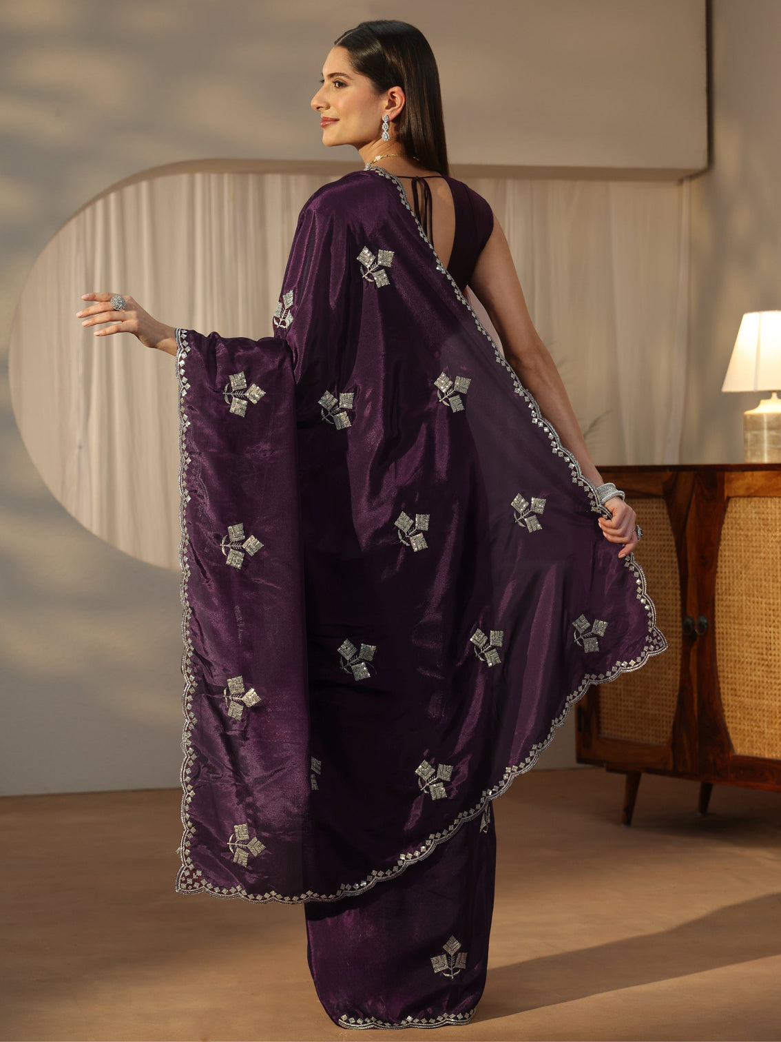 Mameraa Aubergine Purple Floral Embellished Satin Saree