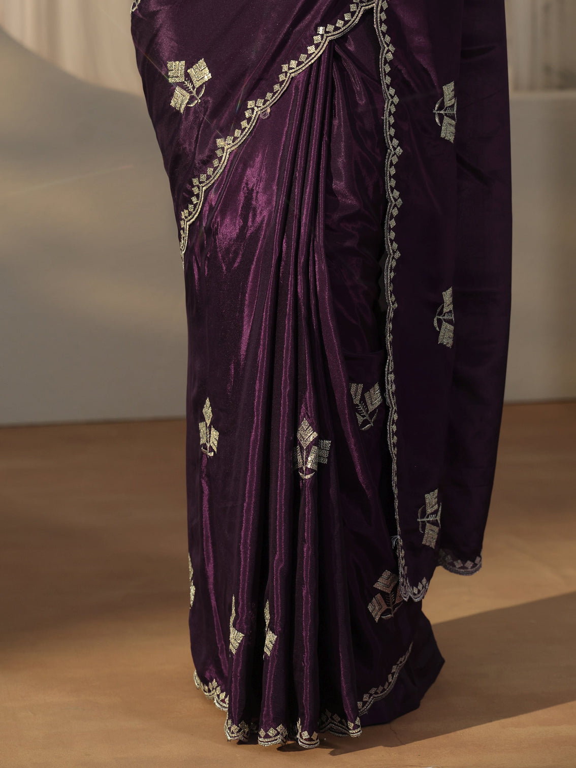 Mameraa Aubergine Purple Floral Embellished Satin Saree