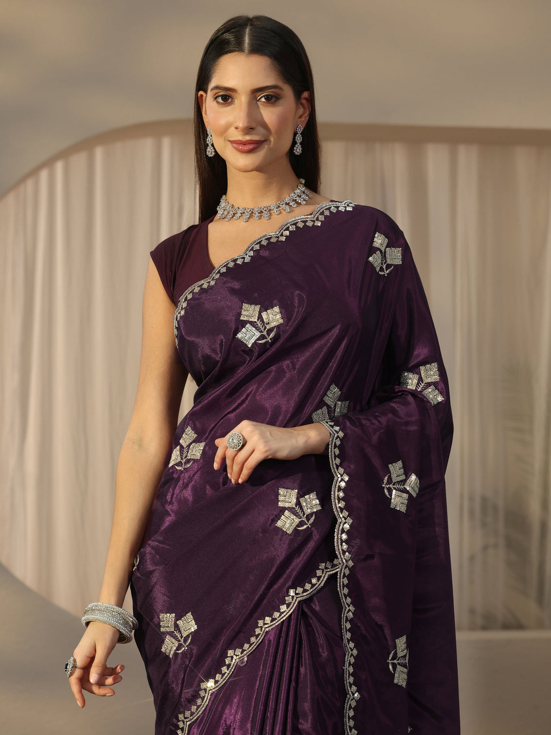 Mameraa Aubergine Purple Floral Embellished Satin Saree