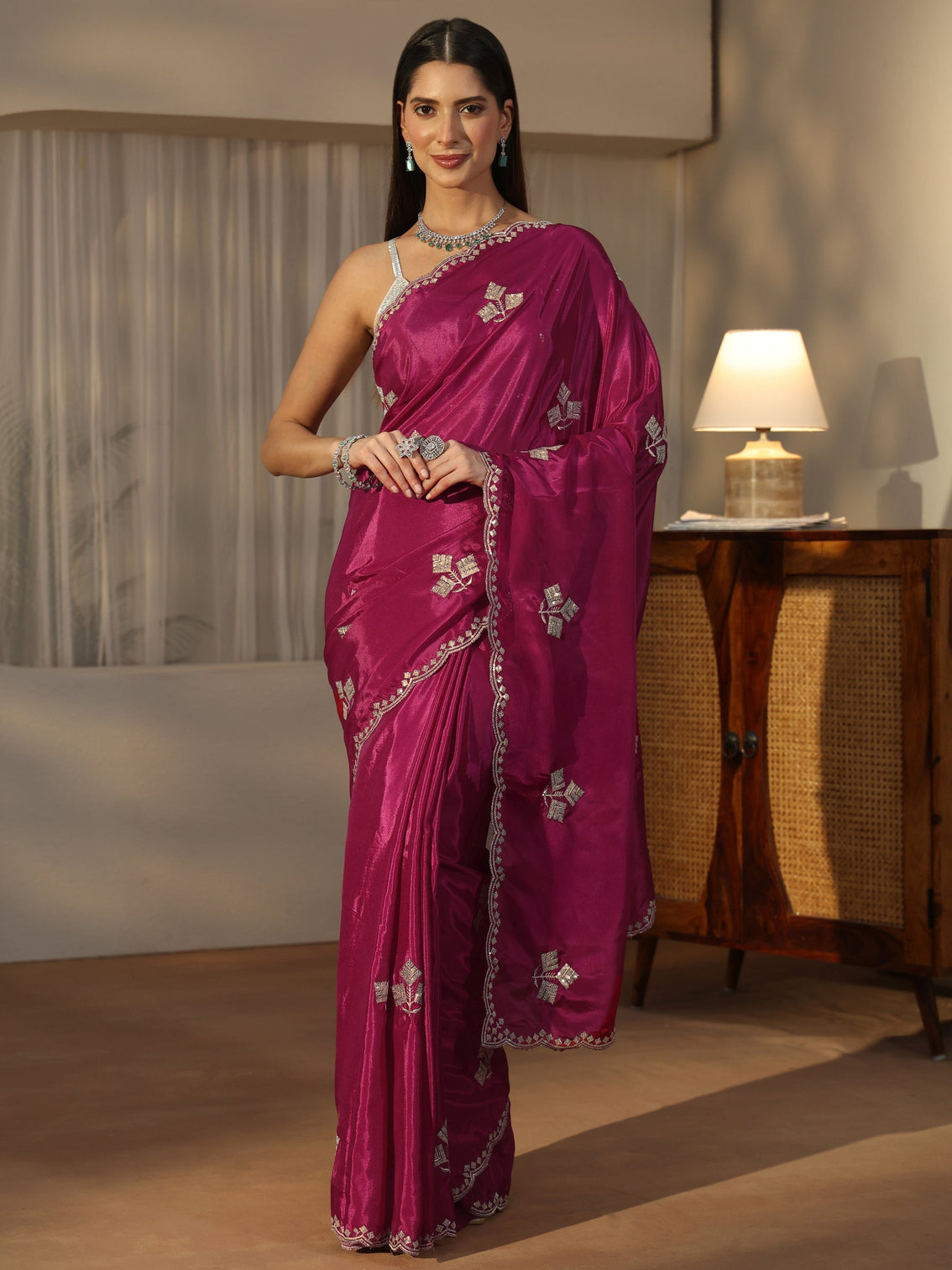 Mameraa Rani Pink Floral Embellished Satin Saree