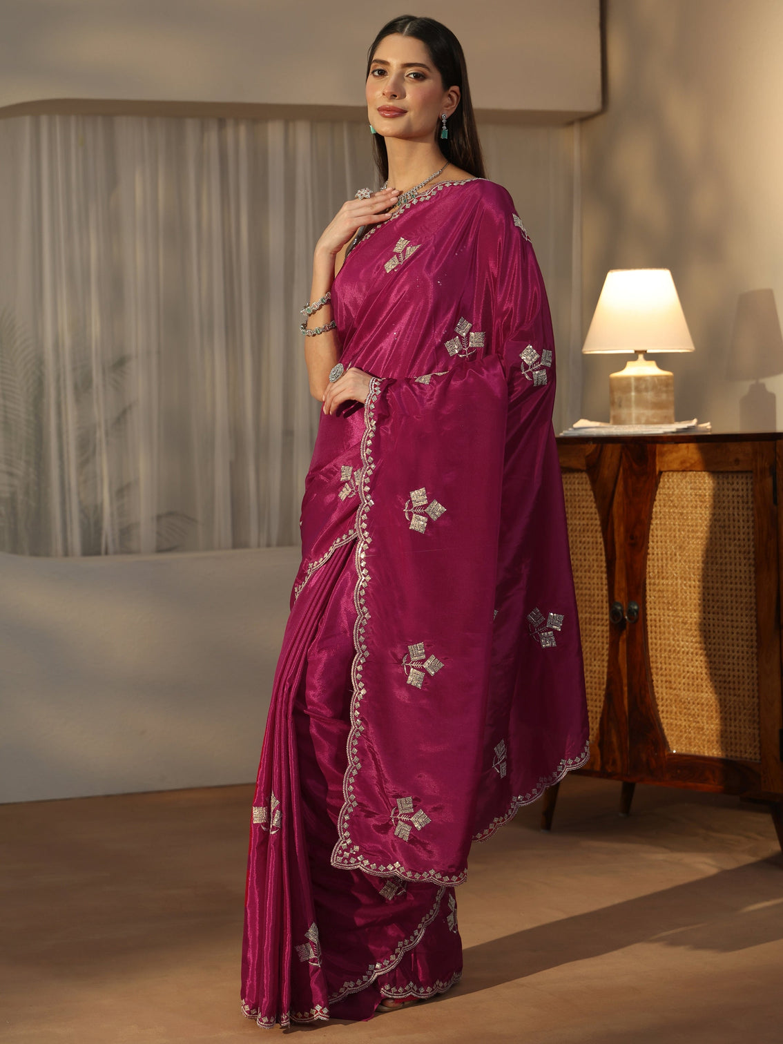Mameraa Rani Pink Floral Embellished Satin Saree