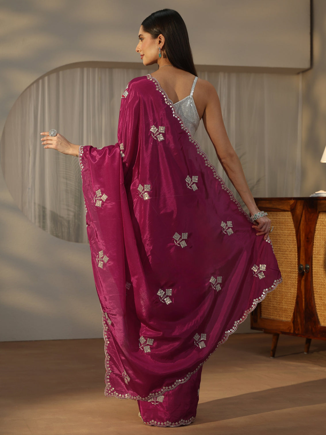 Mameraa Rani Pink Floral Embellished Satin Saree