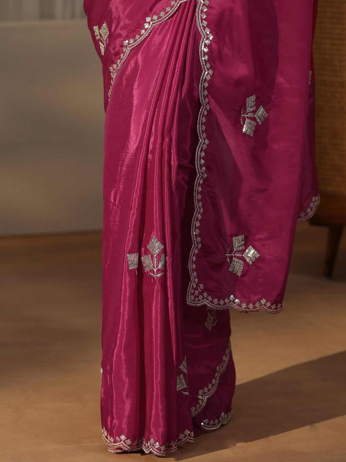 Mameraa Rani Pink Floral Embellished Satin Saree