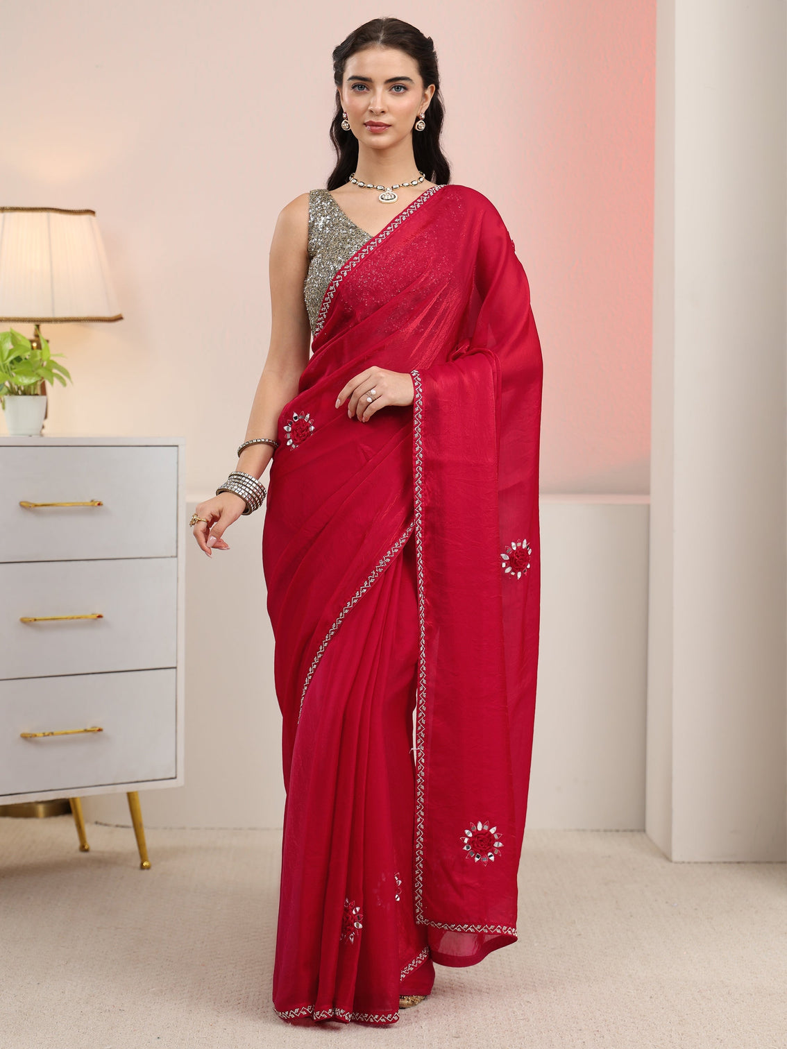 Mameraa Rani Pink Mirror Work Tissue Saree with Embellished Border