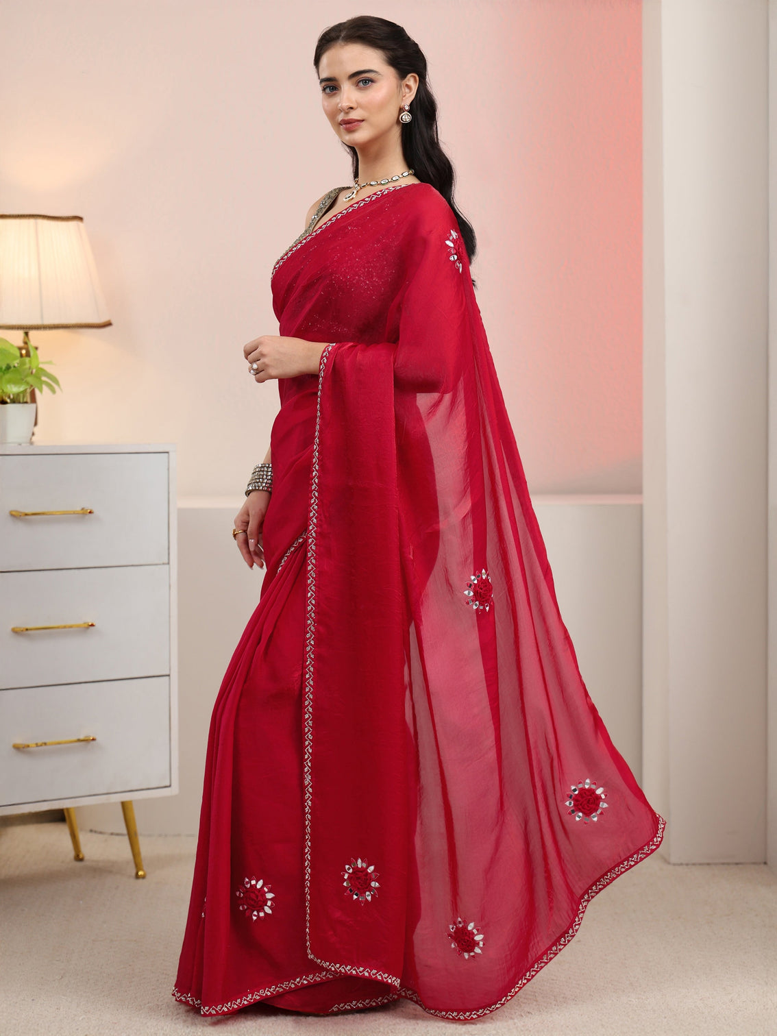 Mameraa Rani Pink Mirror Work Tissue Saree with Embellished Border