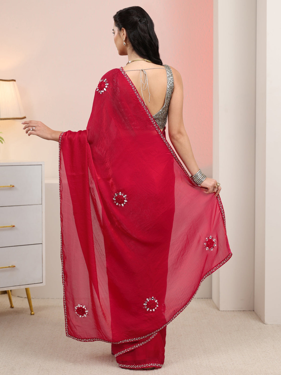 Mameraa Rani Pink Mirror Work Tissue Saree with Embellished Border