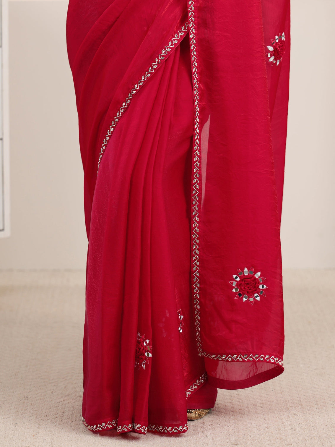 Mameraa Rani Pink Mirror Work Tissue Saree with Embellished Border
