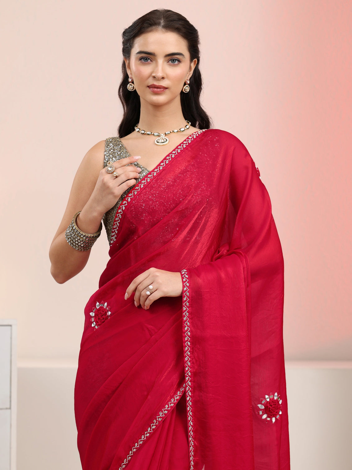 Mameraa Rani Pink Mirror Work Tissue Saree with Embellished Border