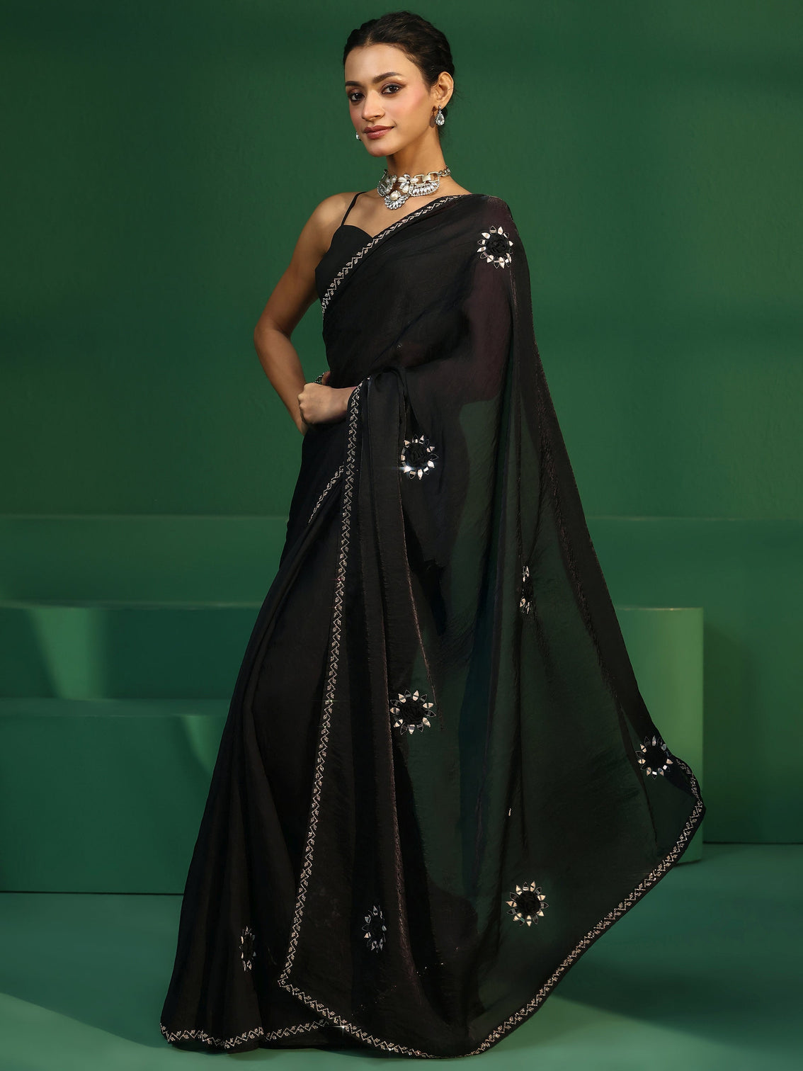 Mameraa Black Floral Mirror Work Embellished Tissue Saree