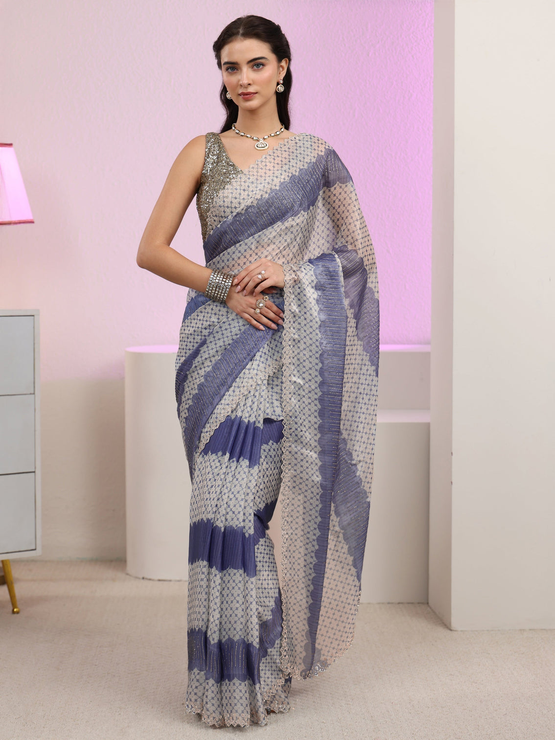Mameraa Lavender Geometric Embellished Tissue Saree