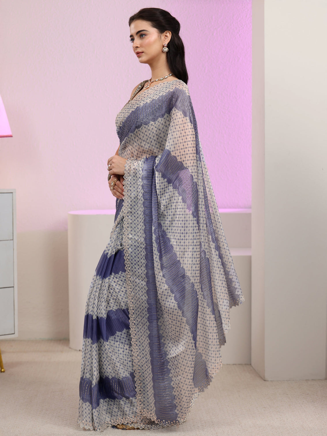 Mameraa Lavender Geometric Embellished Tissue Saree