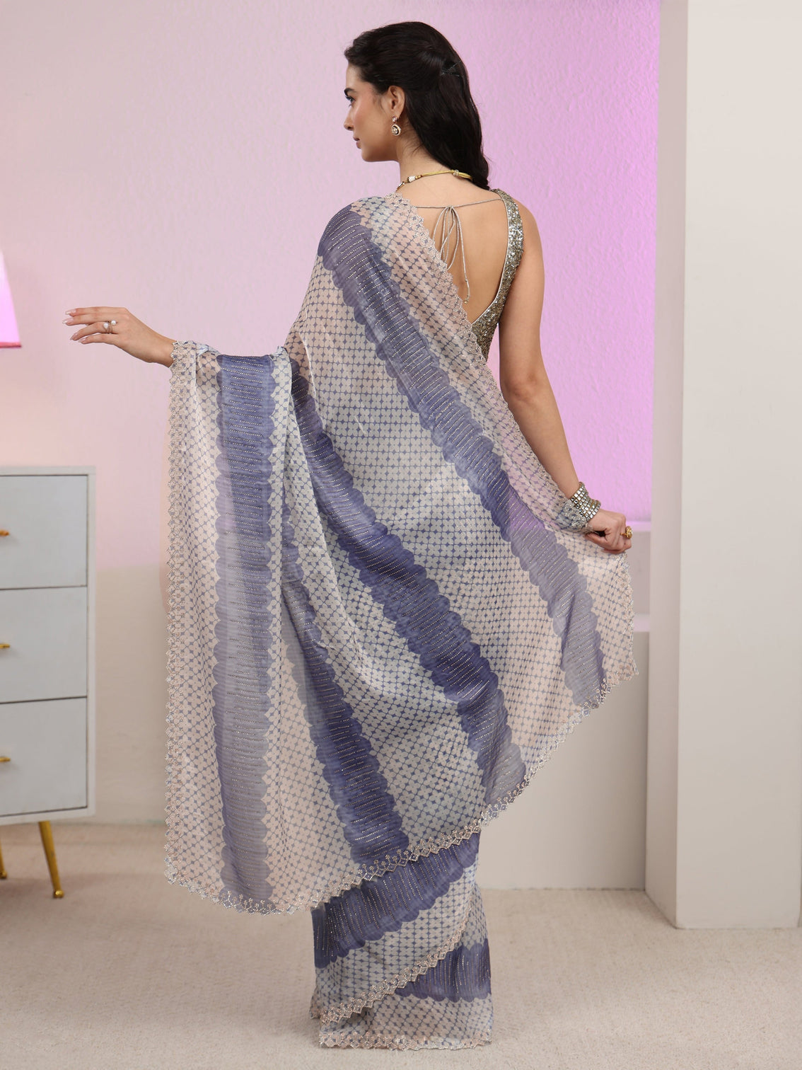 Mameraa Lavender Geometric Embellished Tissue Saree
