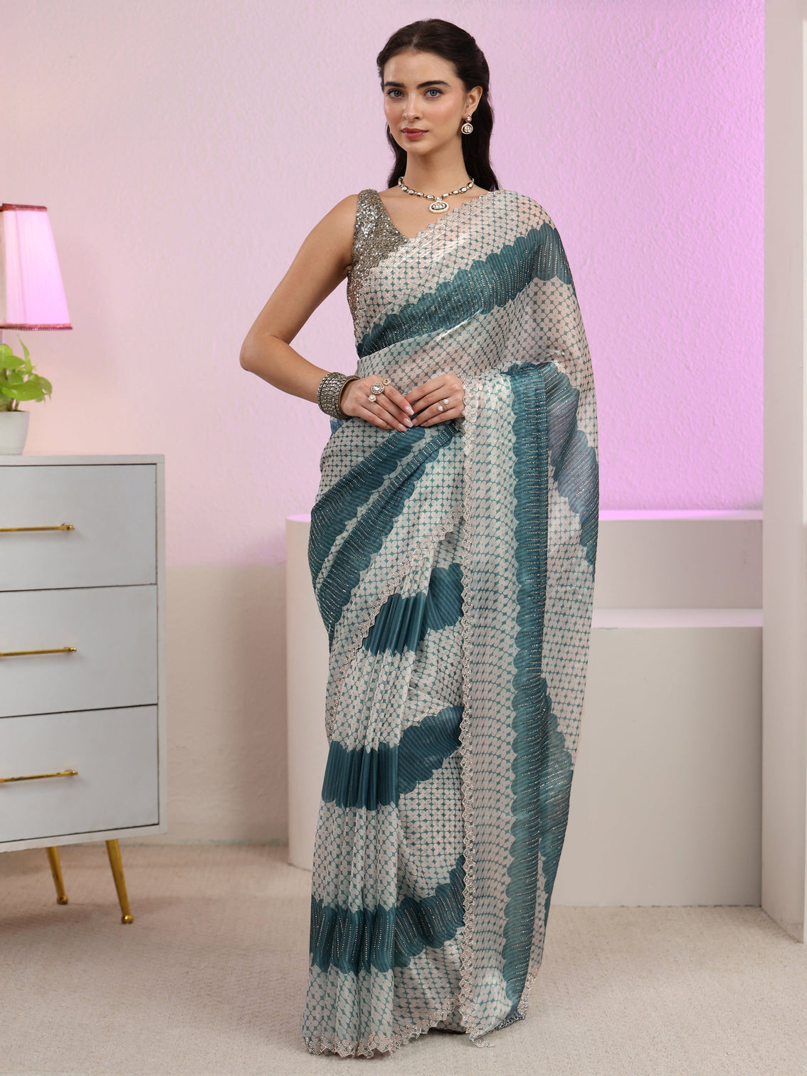 Mameraa Teal Blue Geometric Embellished Tissue Saree