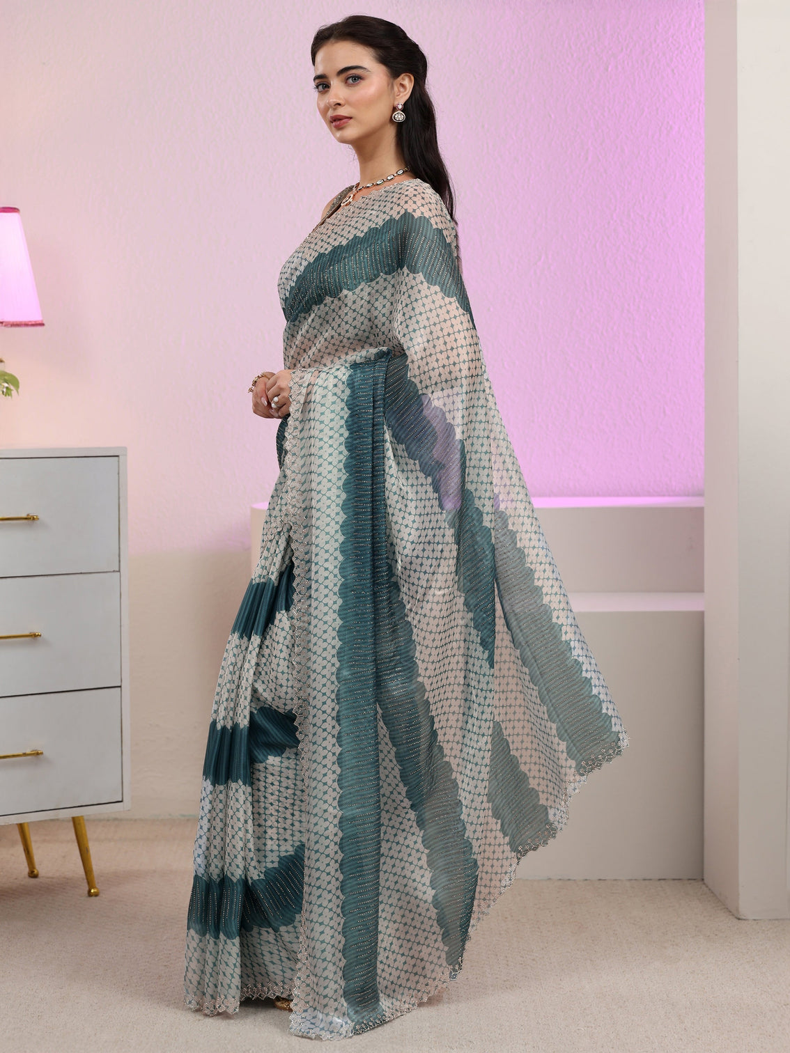 Mameraa Teal Blue Geometric Embellished Tissue Saree