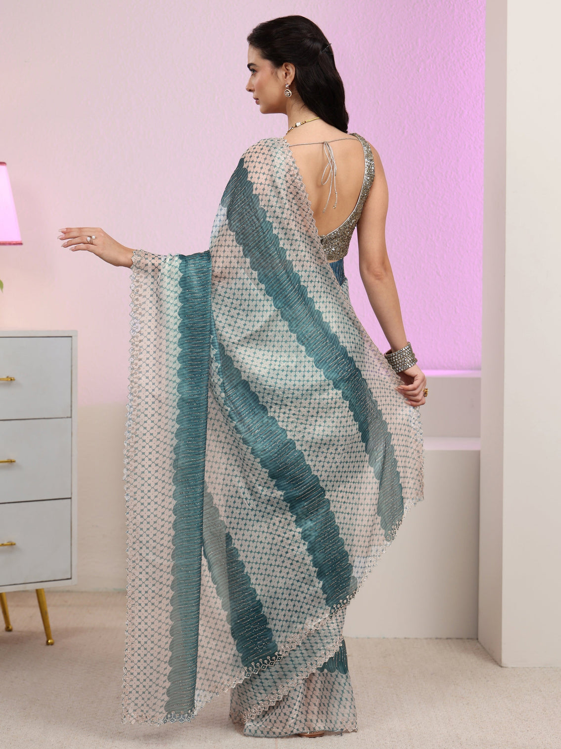 Mameraa Teal Blue Geometric Embellished Tissue Saree