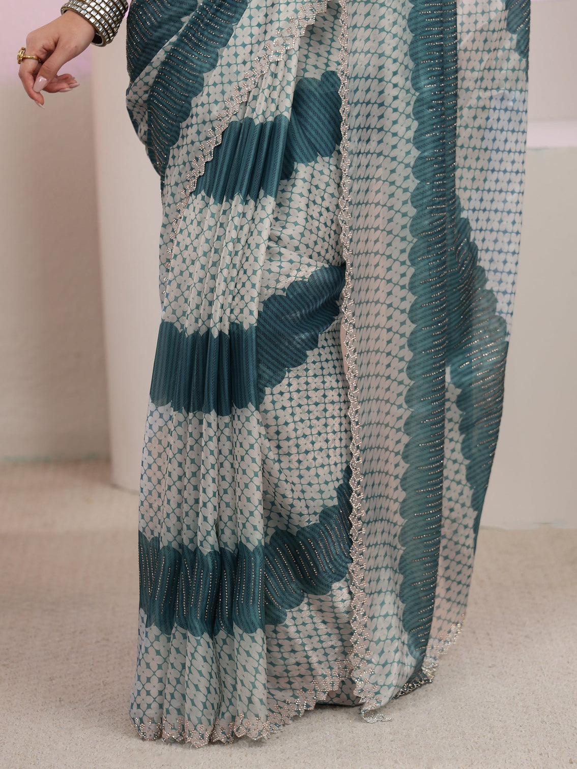 Mameraa Teal Blue Geometric Embellished Tissue Saree