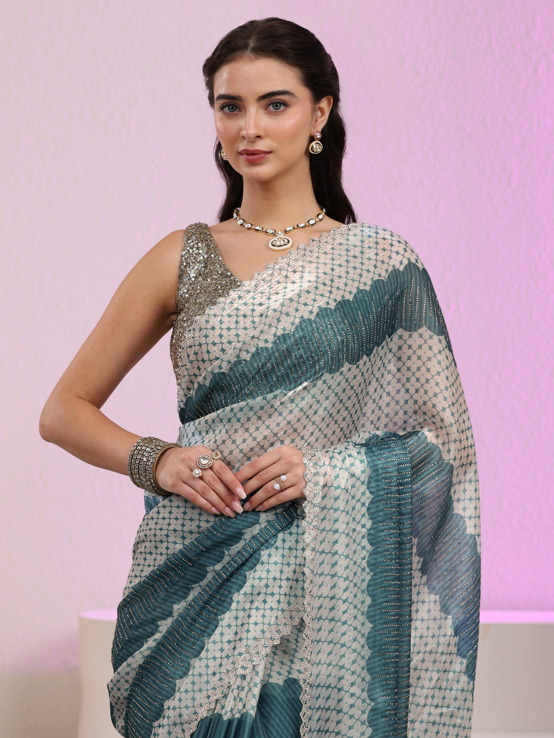 Mameraa Teal Blue Geometric Embellished Tissue Saree