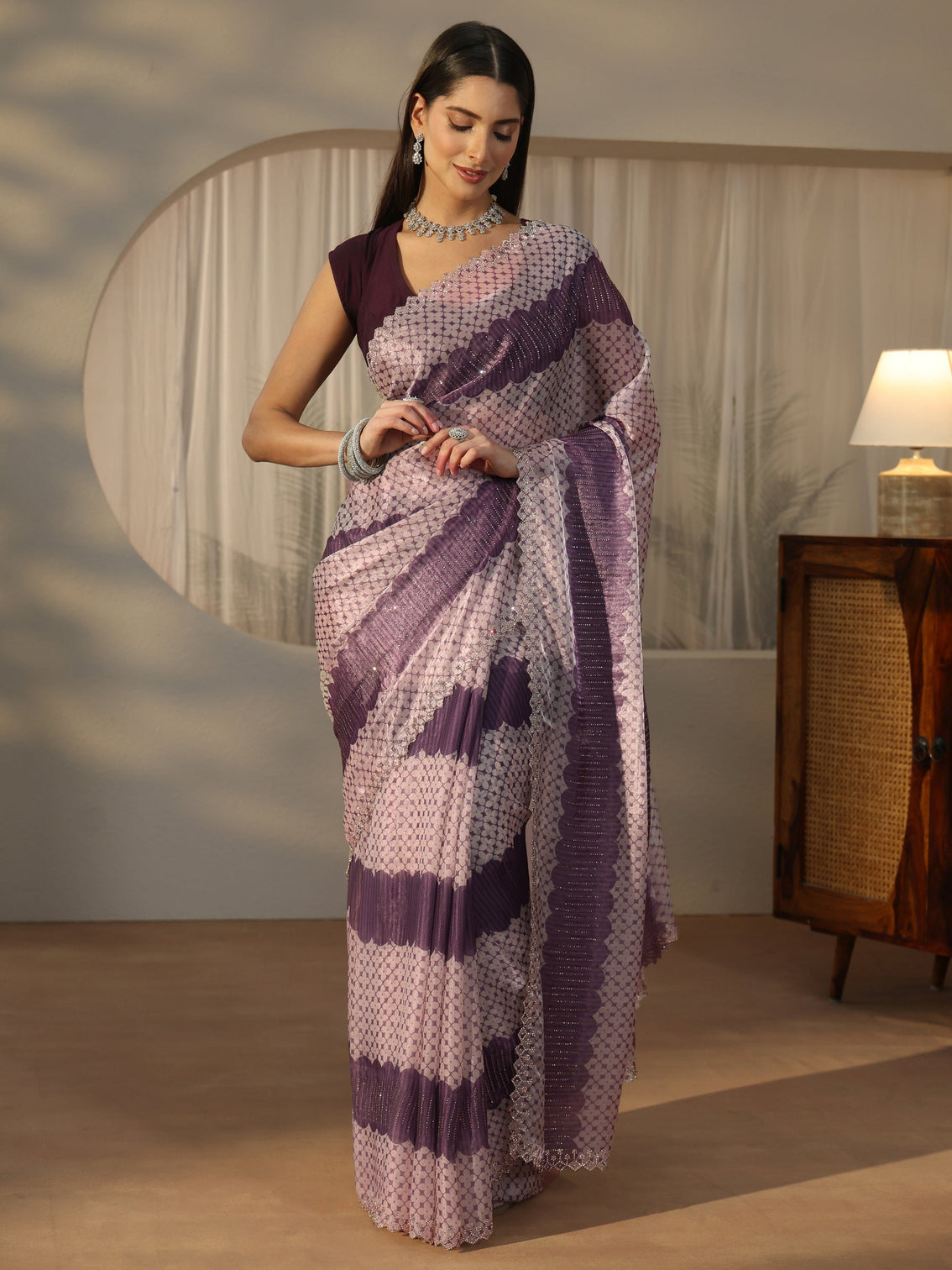 Mameraa Purple Geometric Stone Work Embellished Saree