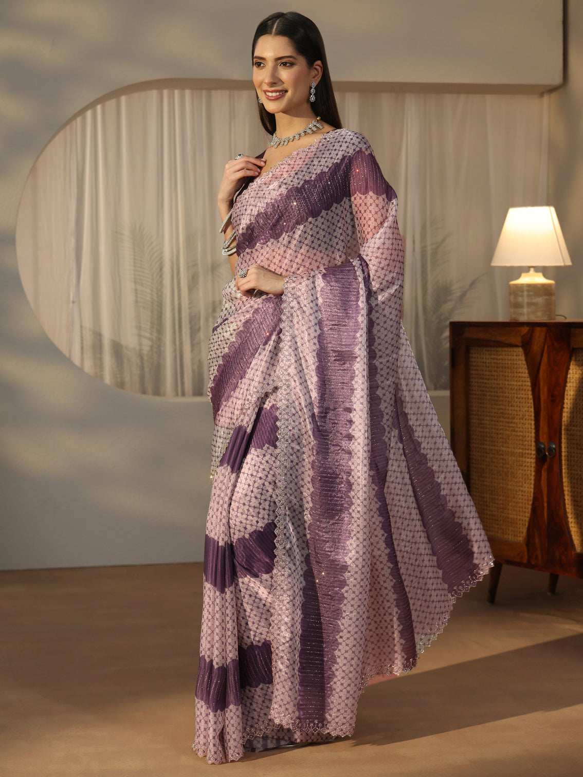Mameraa Purple Geometric Stone Work Embellished Saree