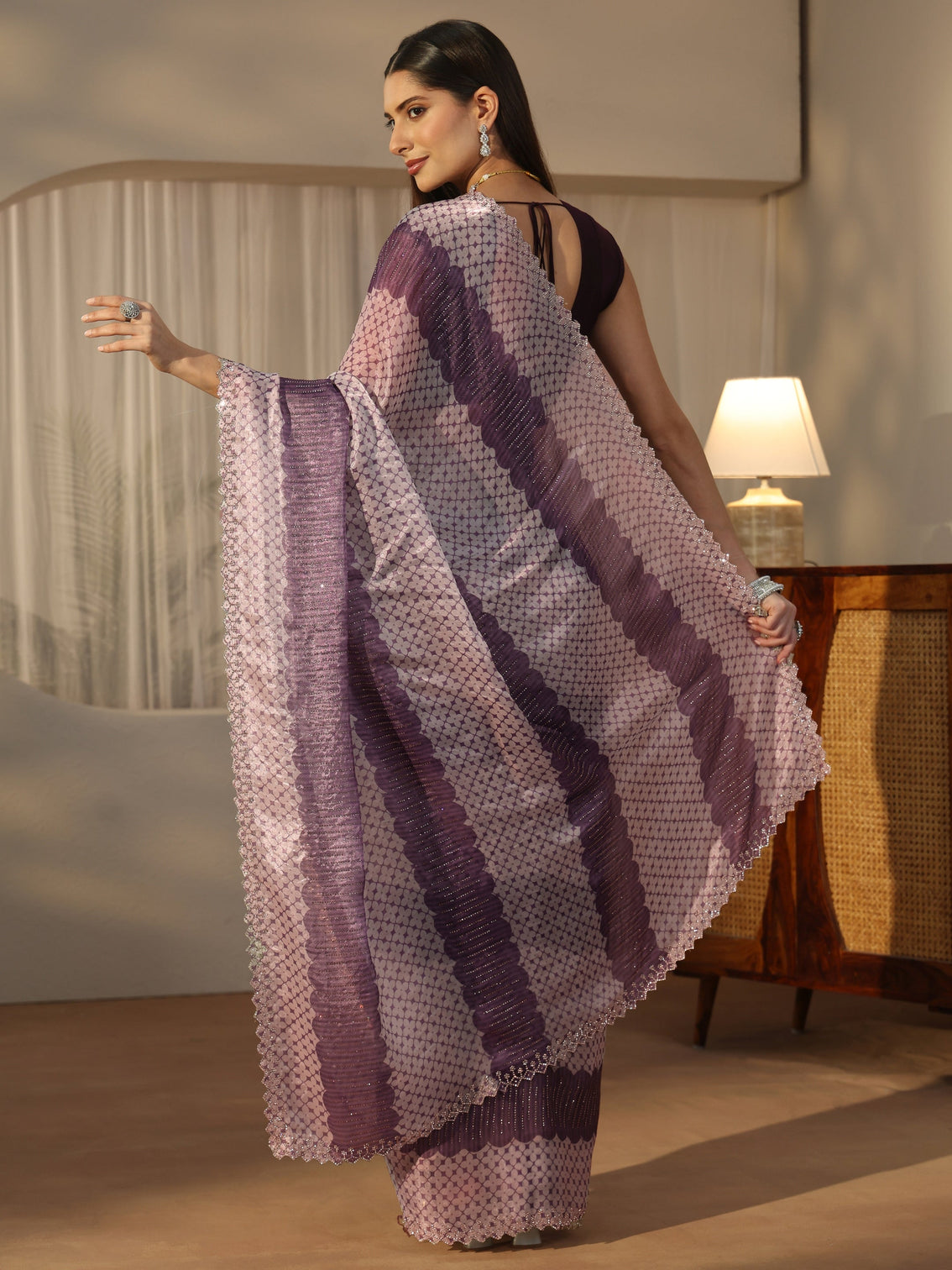 Mameraa Purple Geometric Stone Work Embellished Saree