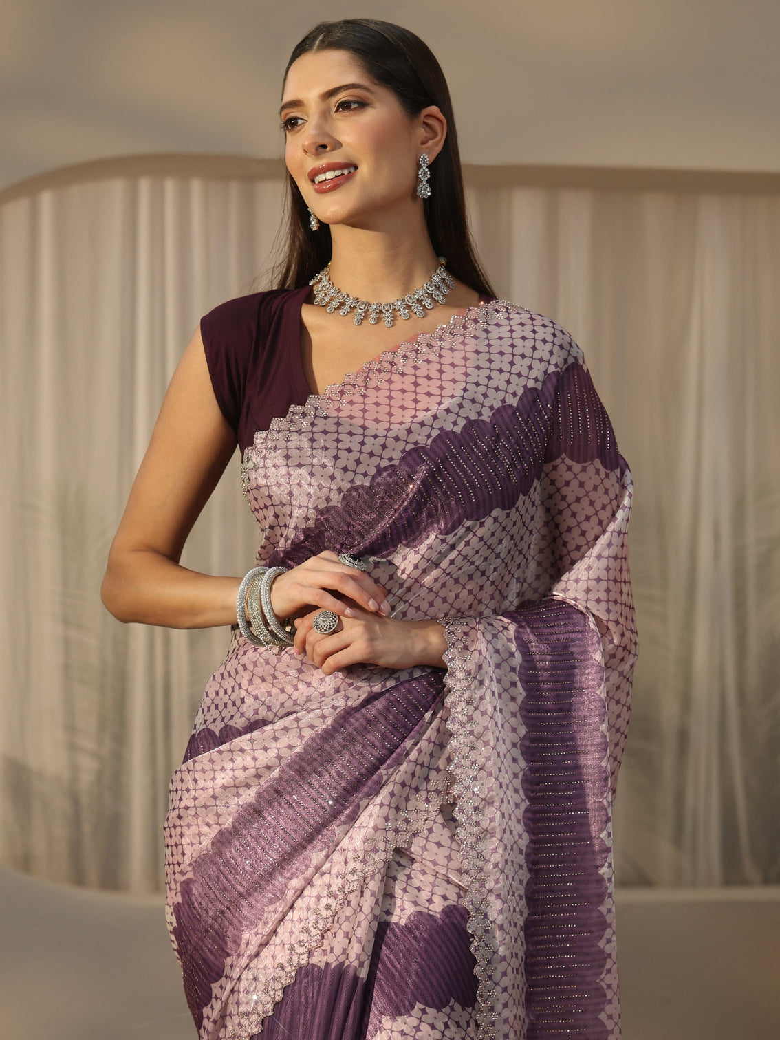 Mameraa Purple Geometric Stone Work Embellished Saree