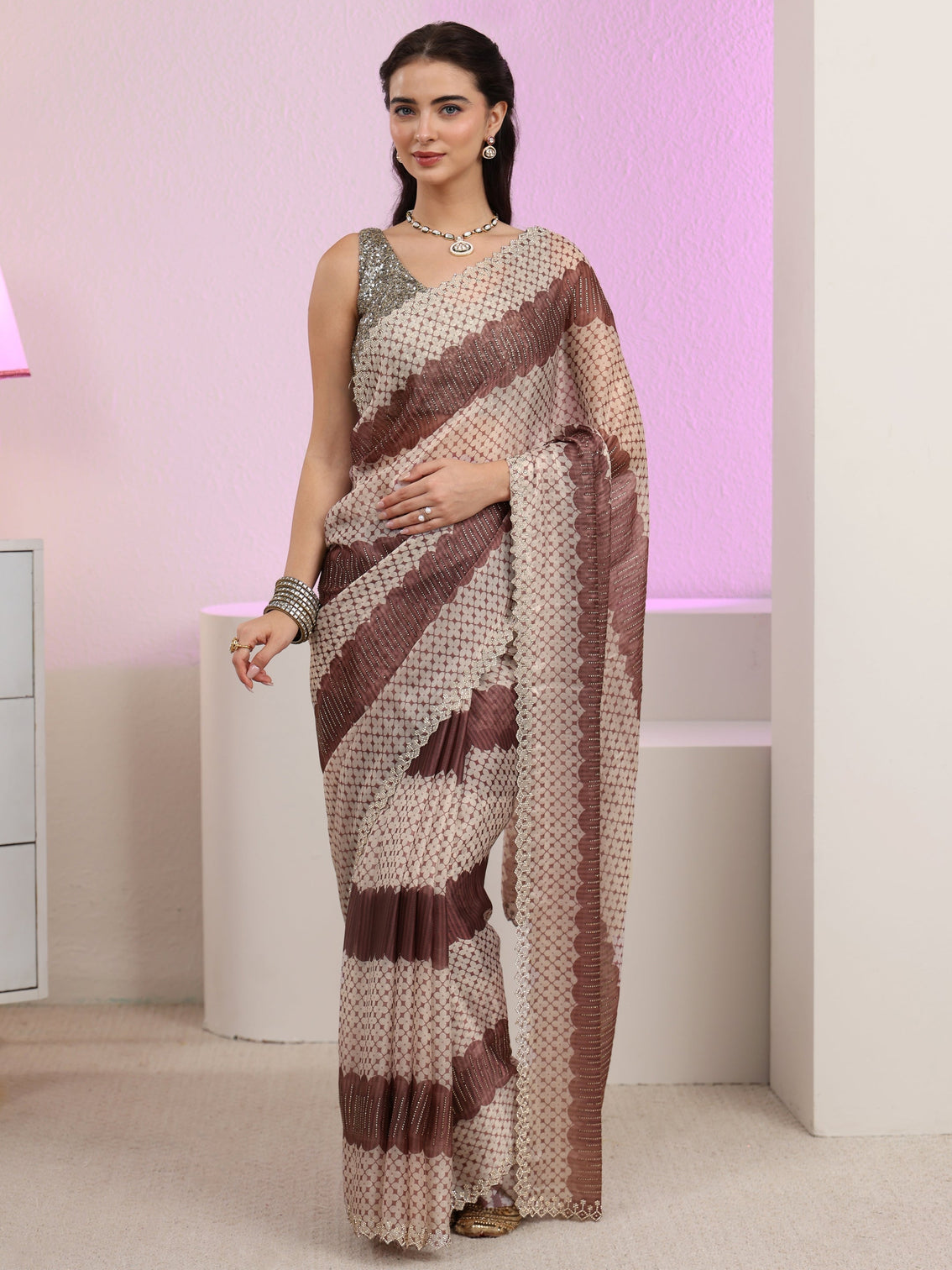 Mameraa Brown Geometric Embellished Tissue Saree