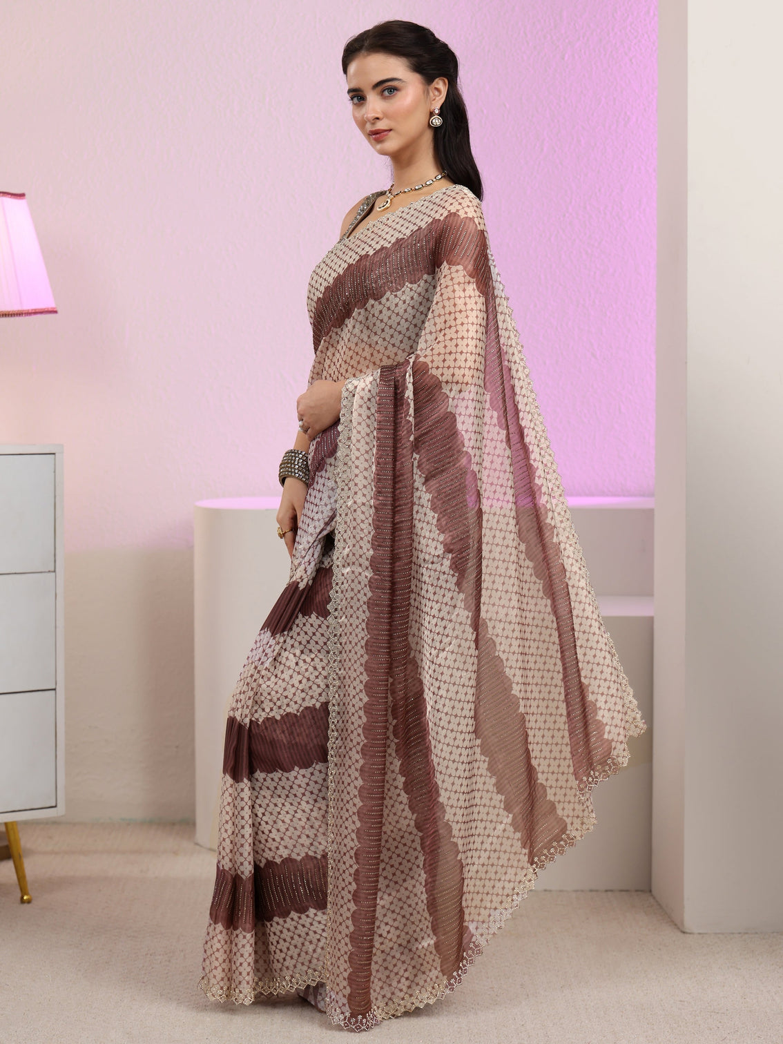 Mameraa Brown Geometric Embellished Tissue Saree