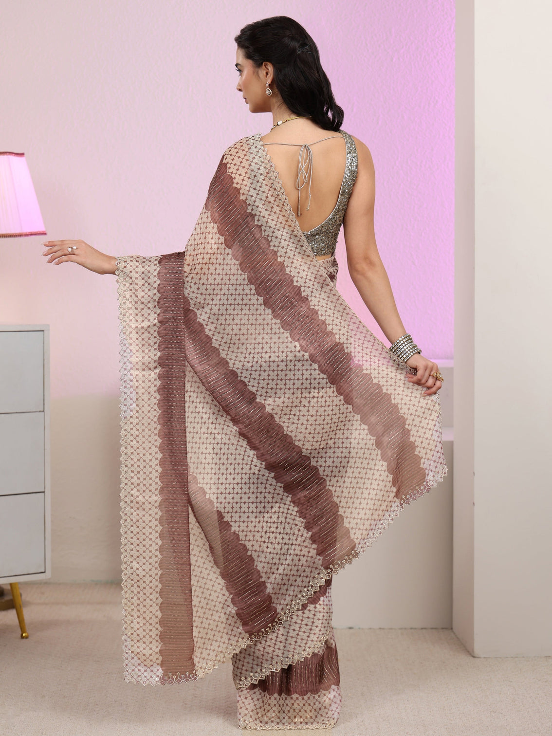Mameraa Brown Geometric Embellished Tissue Saree