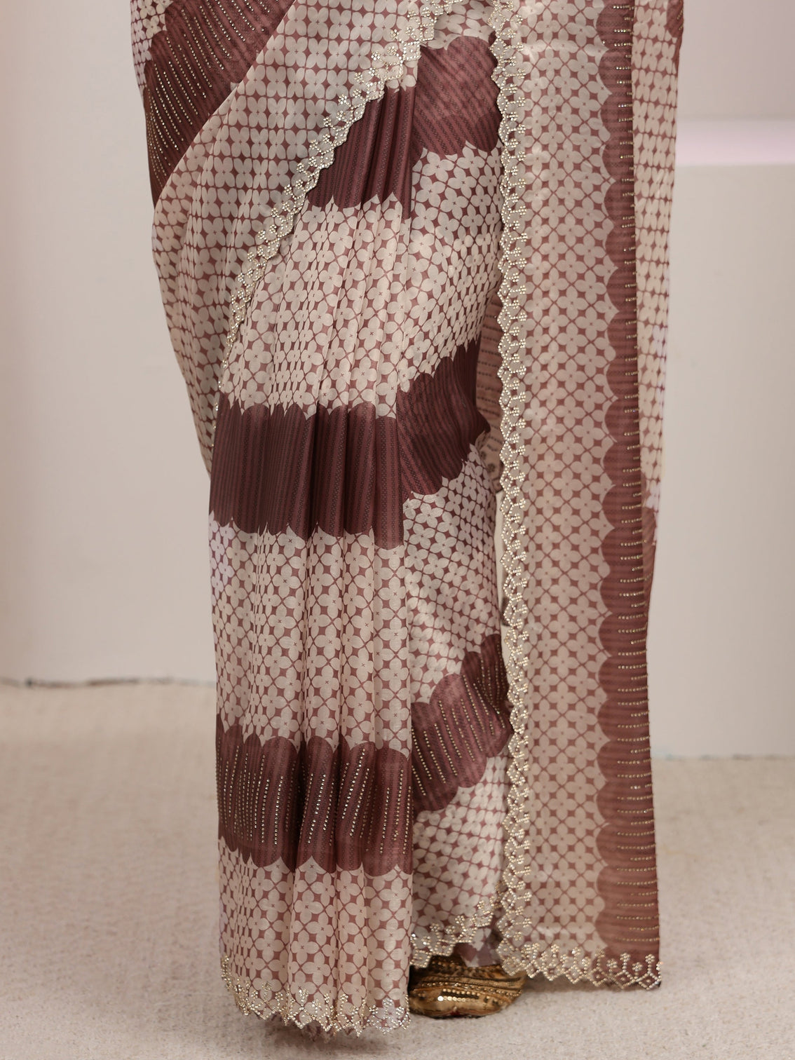 Mameraa Brown Geometric Embellished Tissue Saree