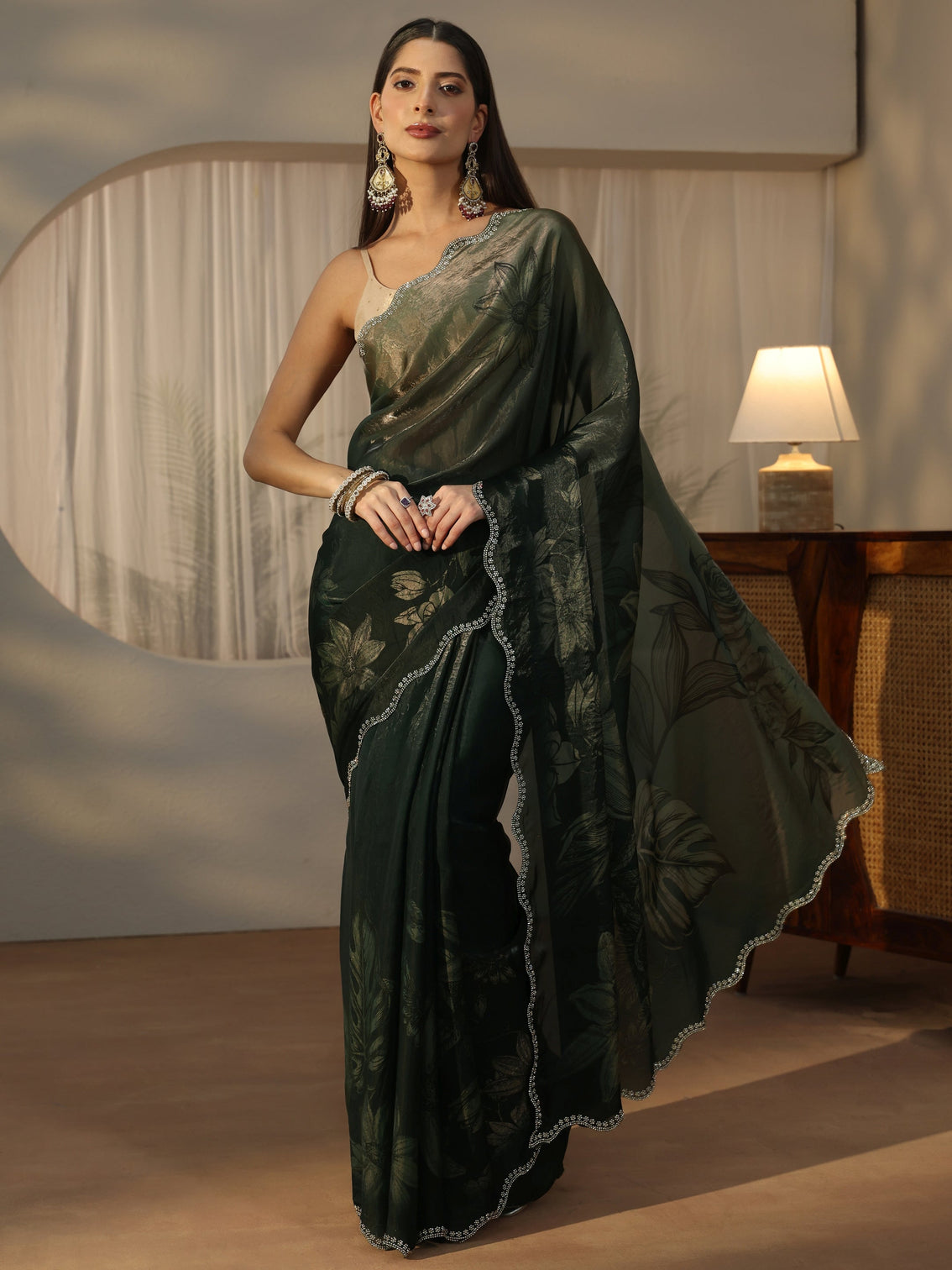 Mameraa Forest Green Floral Printed Tissue Saree with Embellished Border