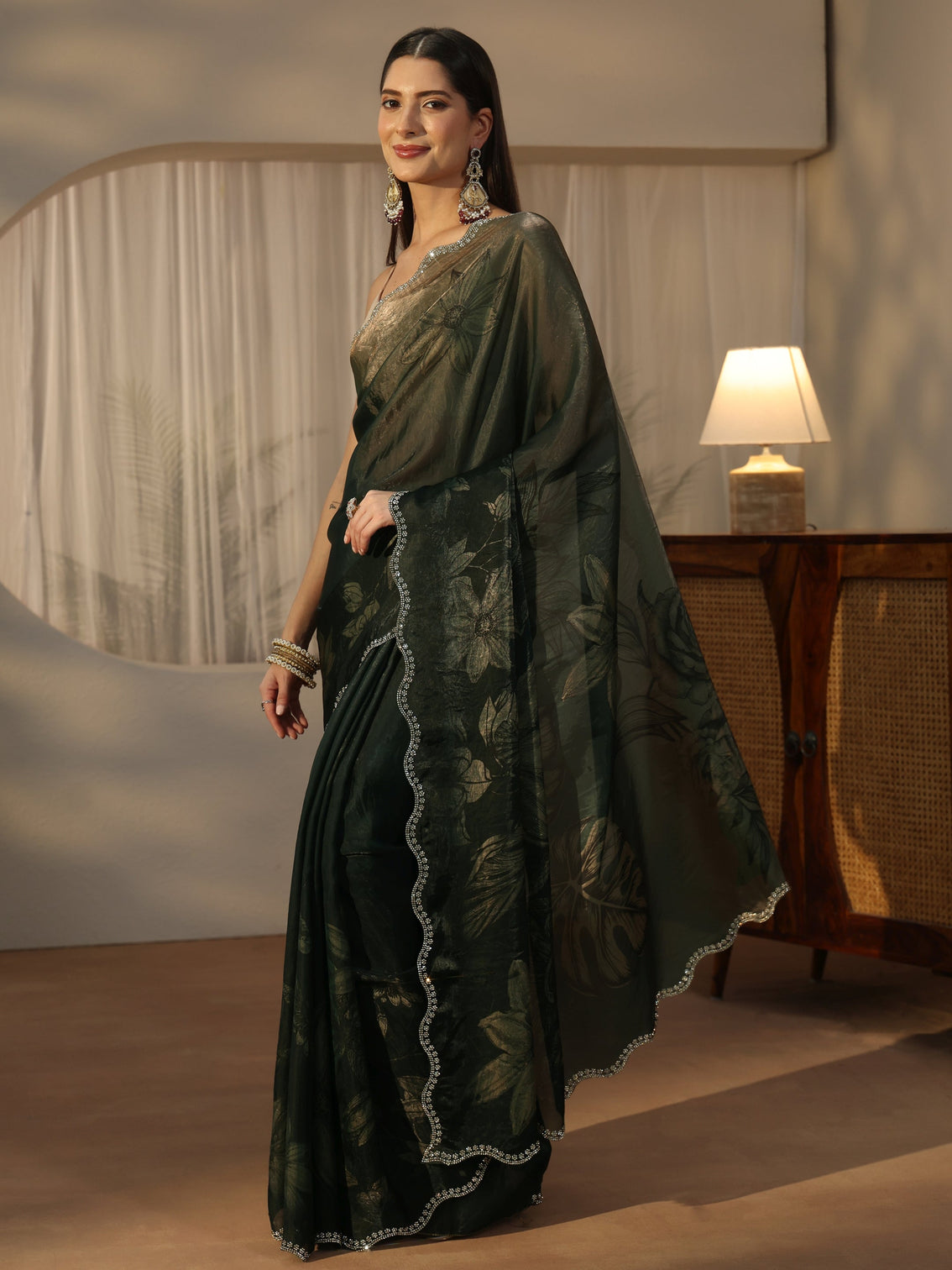 Mameraa Forest Green Floral Printed Tissue Saree with Embellished Border