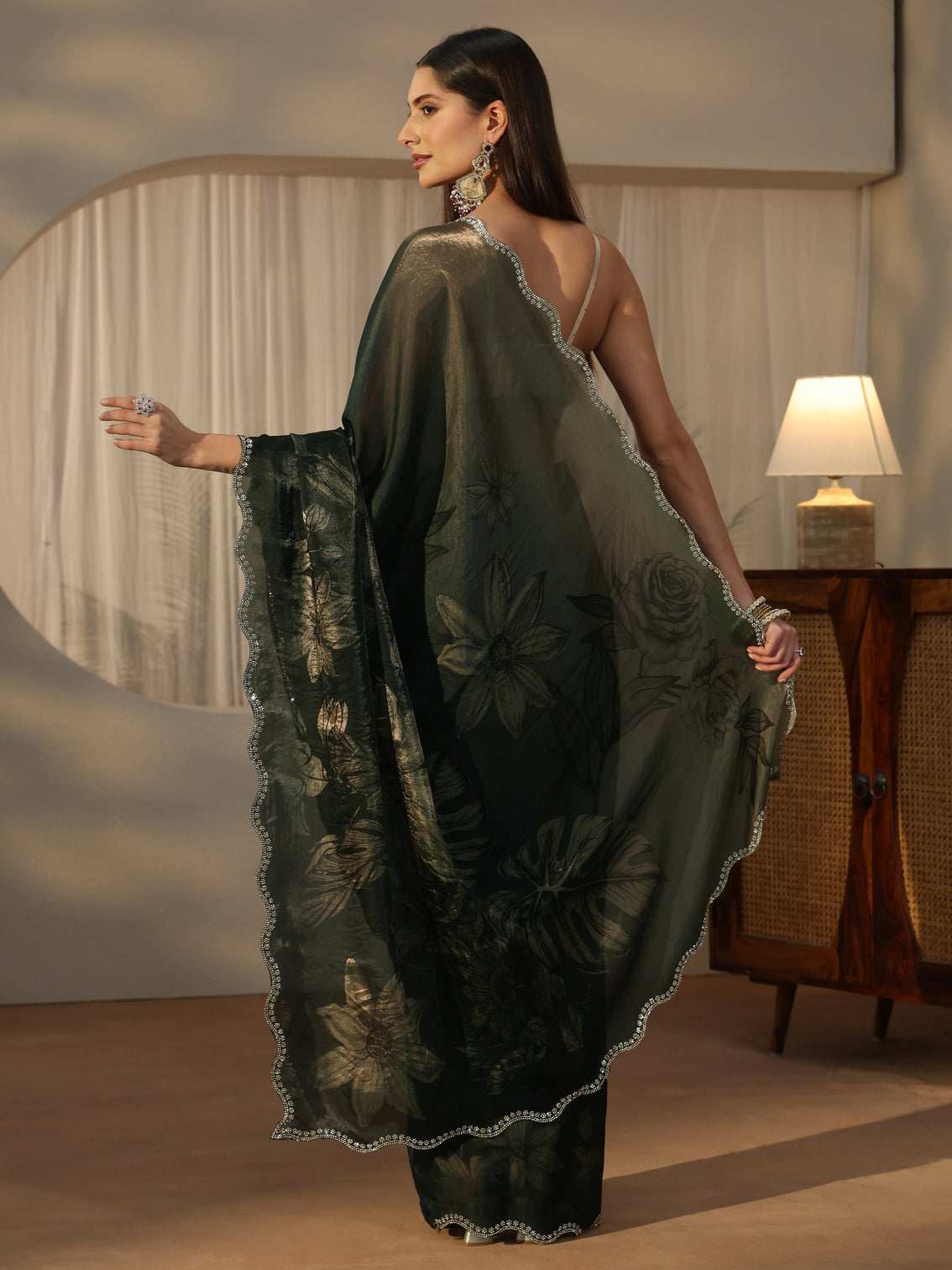 Mameraa Forest Green Floral Printed Tissue Saree with Embellished Border