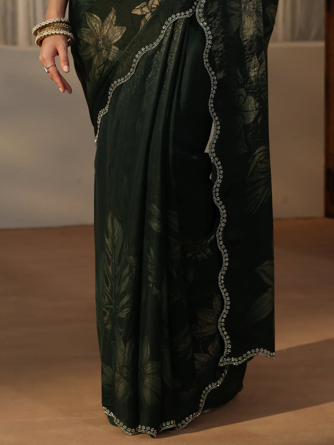 Mameraa Forest Green Floral Printed Tissue Saree with Embellished Border