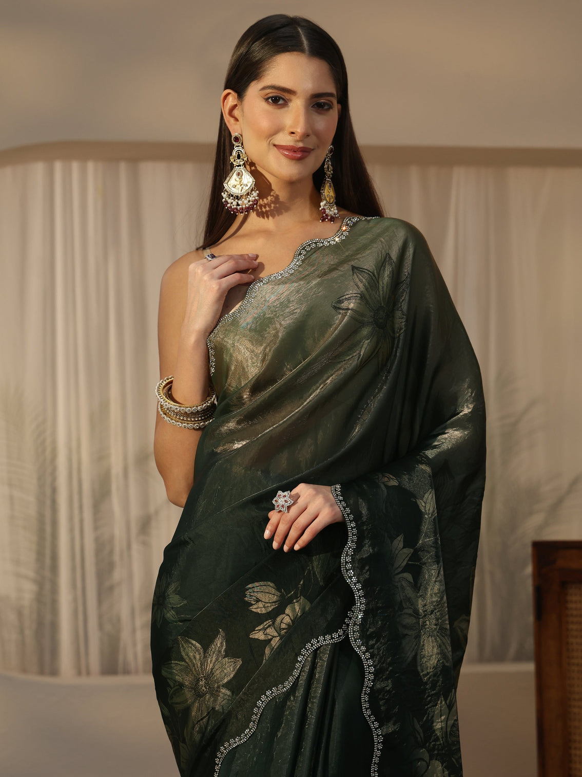 Mameraa Forest Green Floral Printed Tissue Saree with Embellished Border