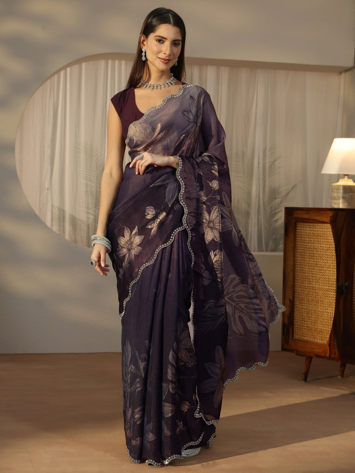 Mameraa Ink Blue Floral Printed Tissue Saree with Embellished Border