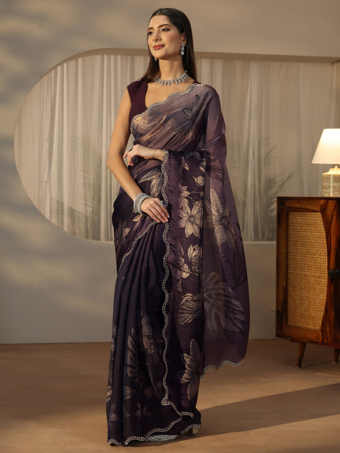 Mameraa Ink Blue Floral Printed Tissue Saree with Embellished Border