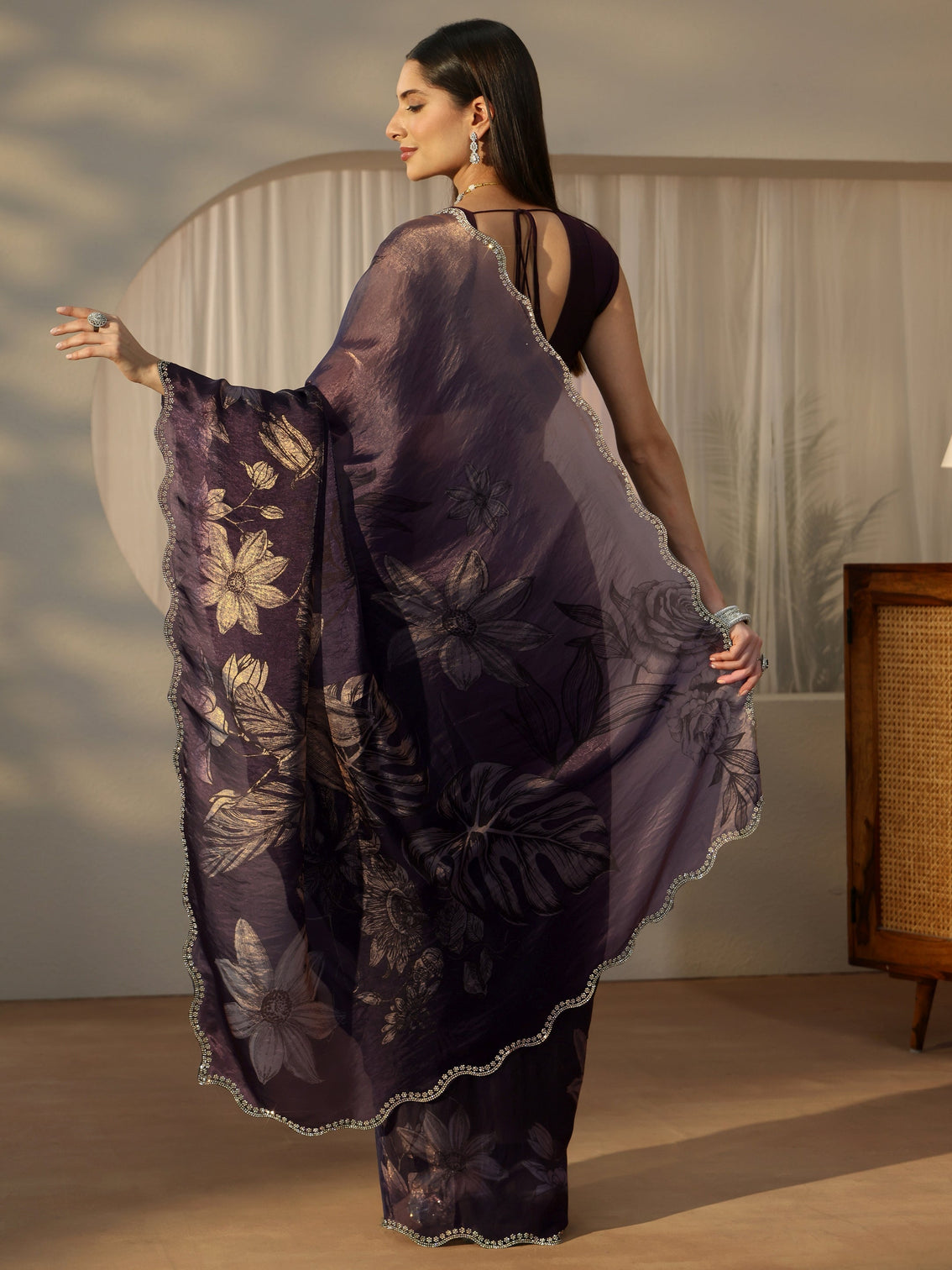 Mameraa Ink Blue Floral Printed Tissue Saree with Embellished Border