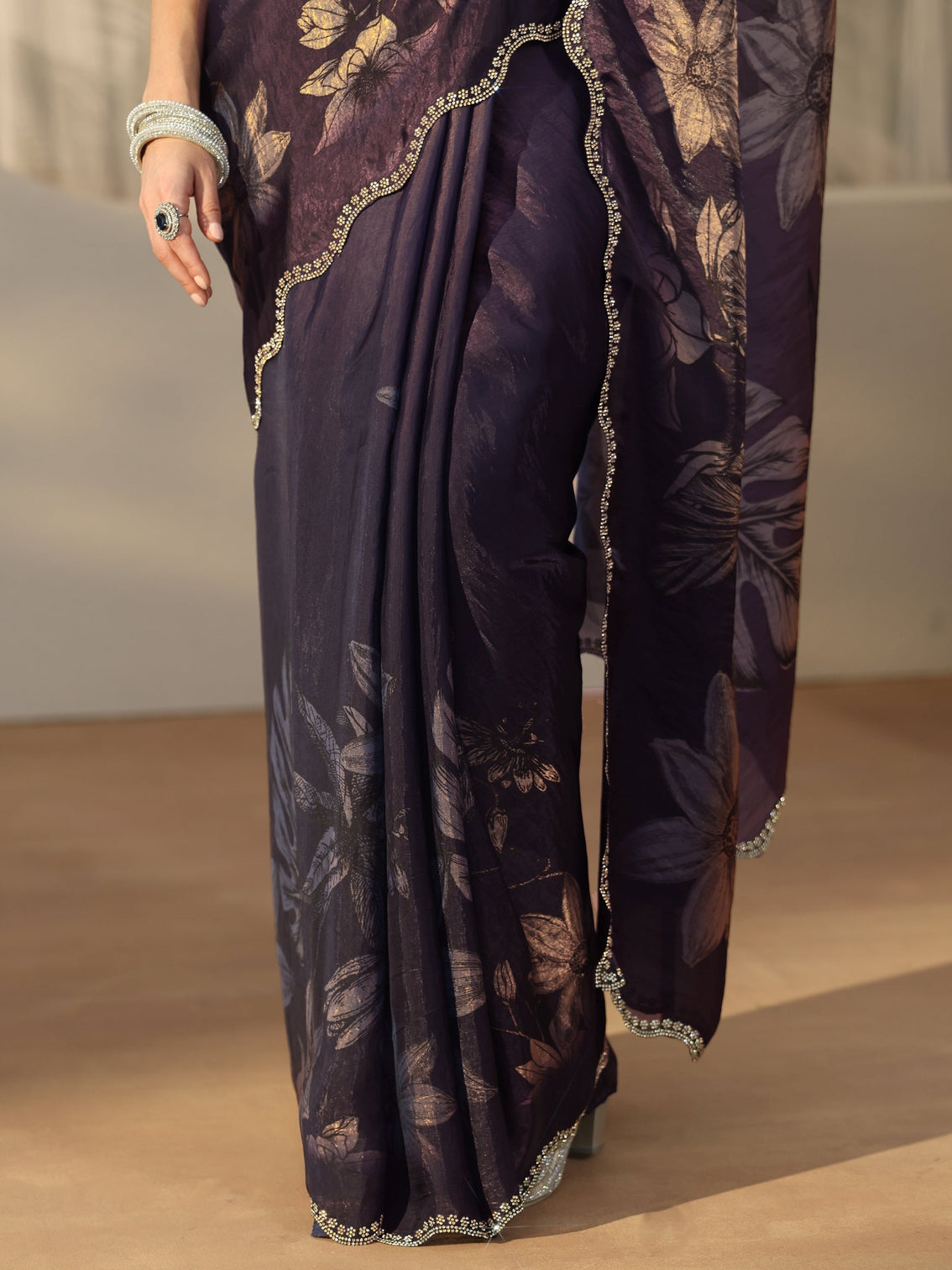 Mameraa Ink Blue Floral Printed Tissue Saree with Embellished Border