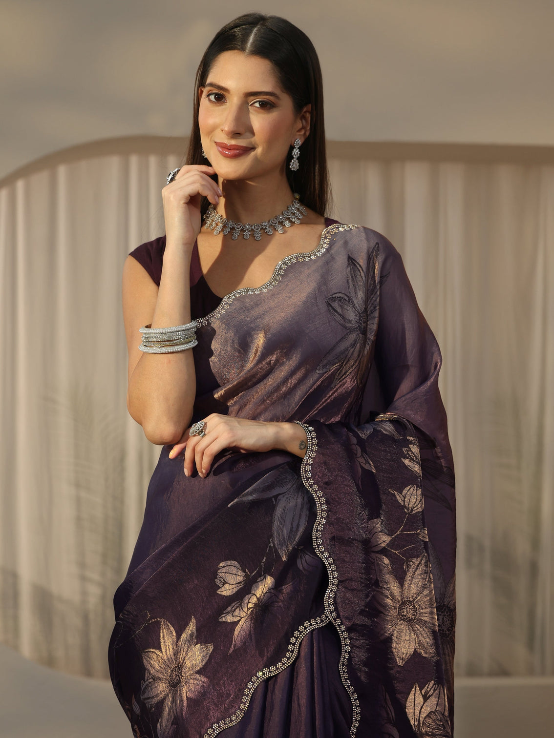 Mameraa Ink Blue Floral Printed Tissue Saree with Embellished Border