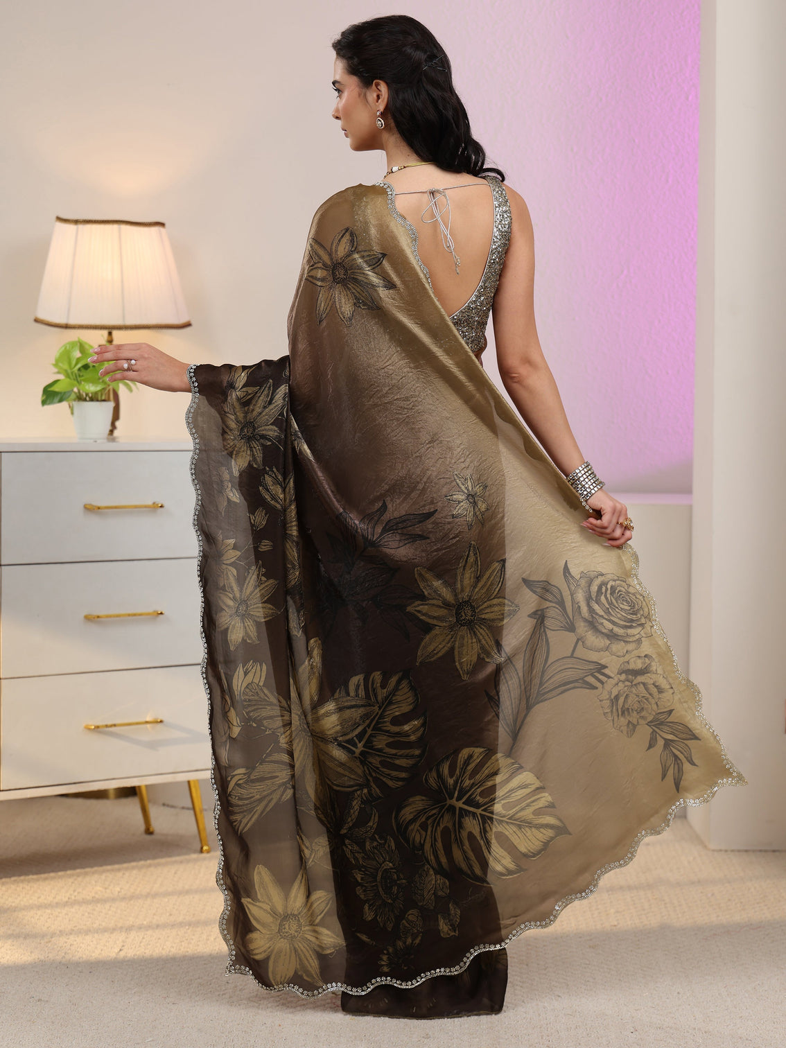 Mameraa Olive Green Floral Printed Tissue Saree with Scalloped Border