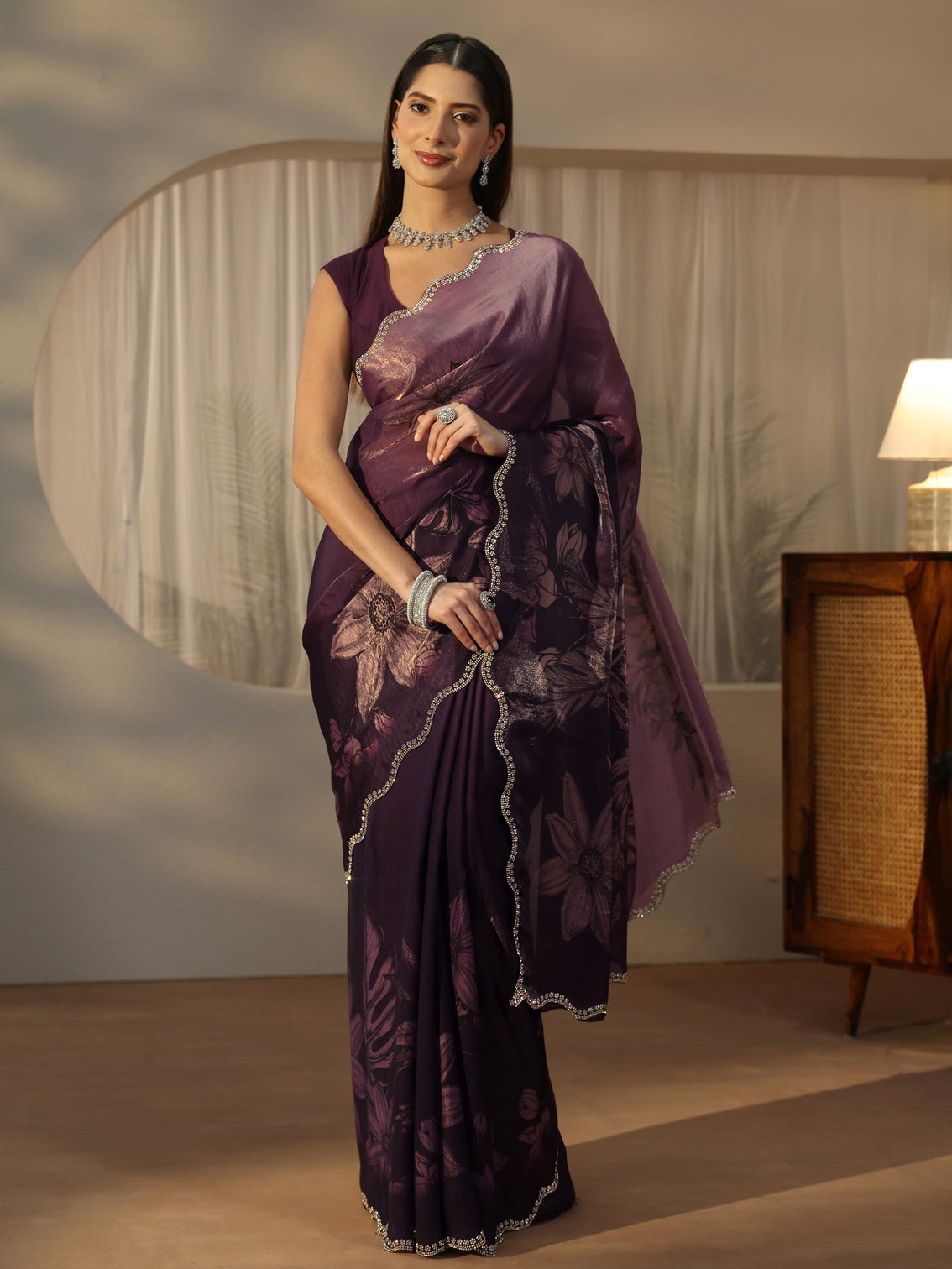 Mameraa Plum Purple Floral Printed Tissue Saree with Embellished Border