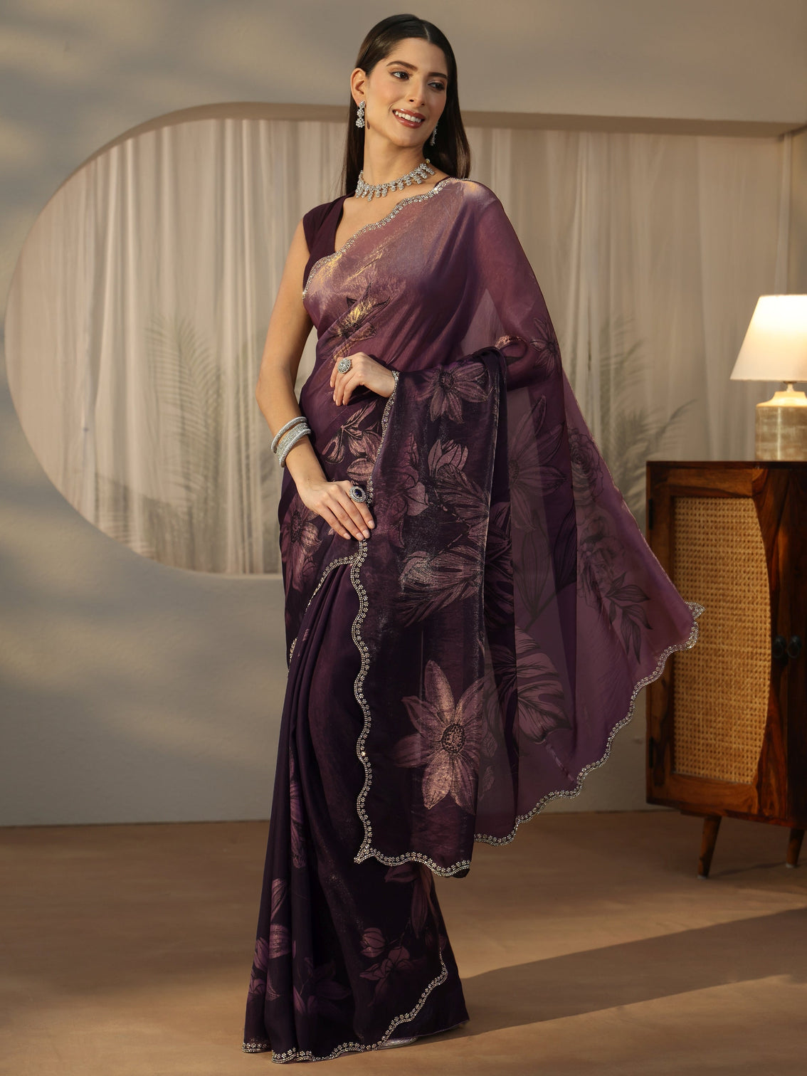 Mameraa Plum Purple Floral Printed Tissue Saree with Embellished Border