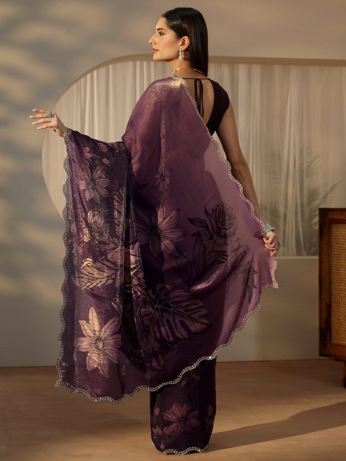 Mameraa Plum Purple Floral Printed Tissue Saree with Embellished Border
