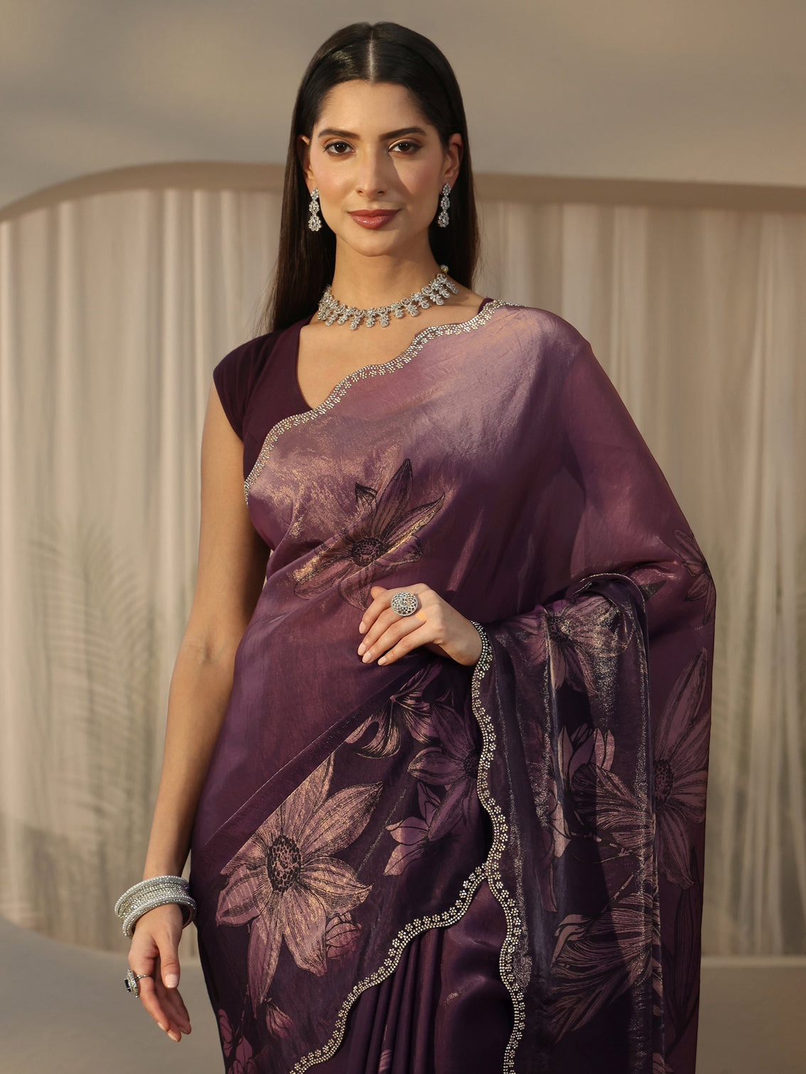 Mameraa Plum Purple Floral Printed Tissue Saree with Embellished Border